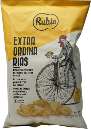 Chips packet with Rooster riding cycle logo